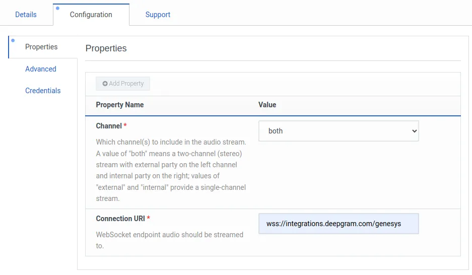 Under the configuration tab in properties you can set the channel and the Connection URI