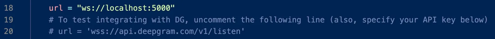 image of terminal showing lines to edit to connect to Deepgram
