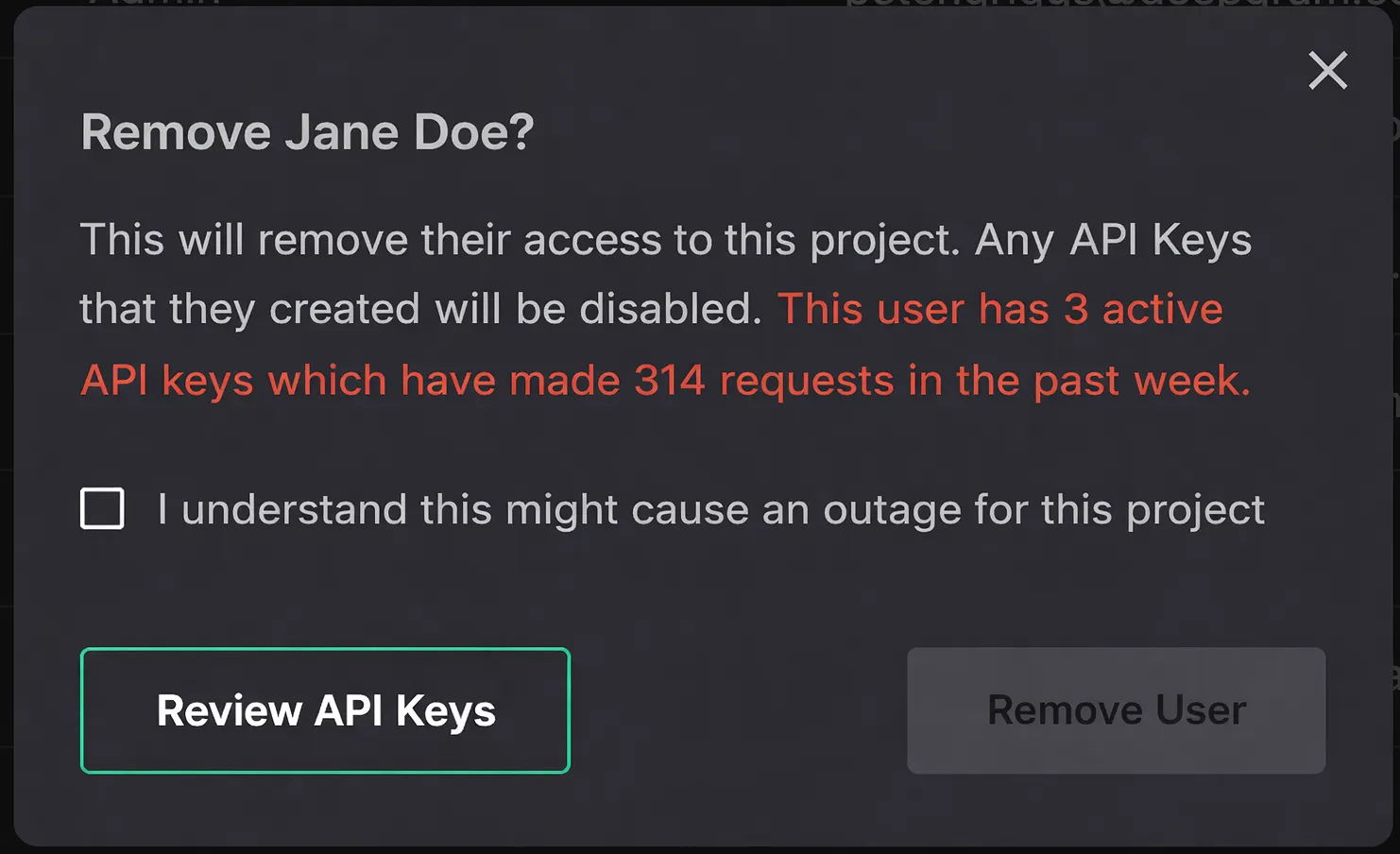 Warning dialog when removing a team member with active API keys