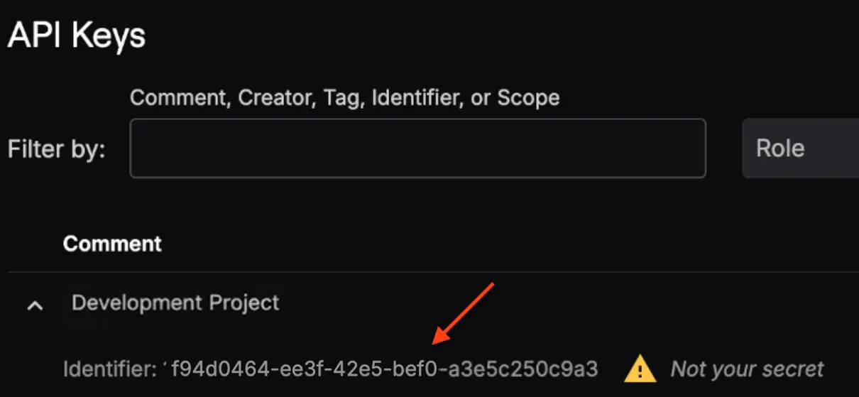 Expanded API key row showing the Key ID field available to copy
