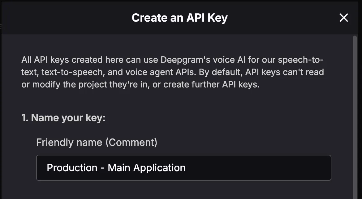 Create a New API Key dialog in Deepgram Console with fields for name, role, expiration, and tags